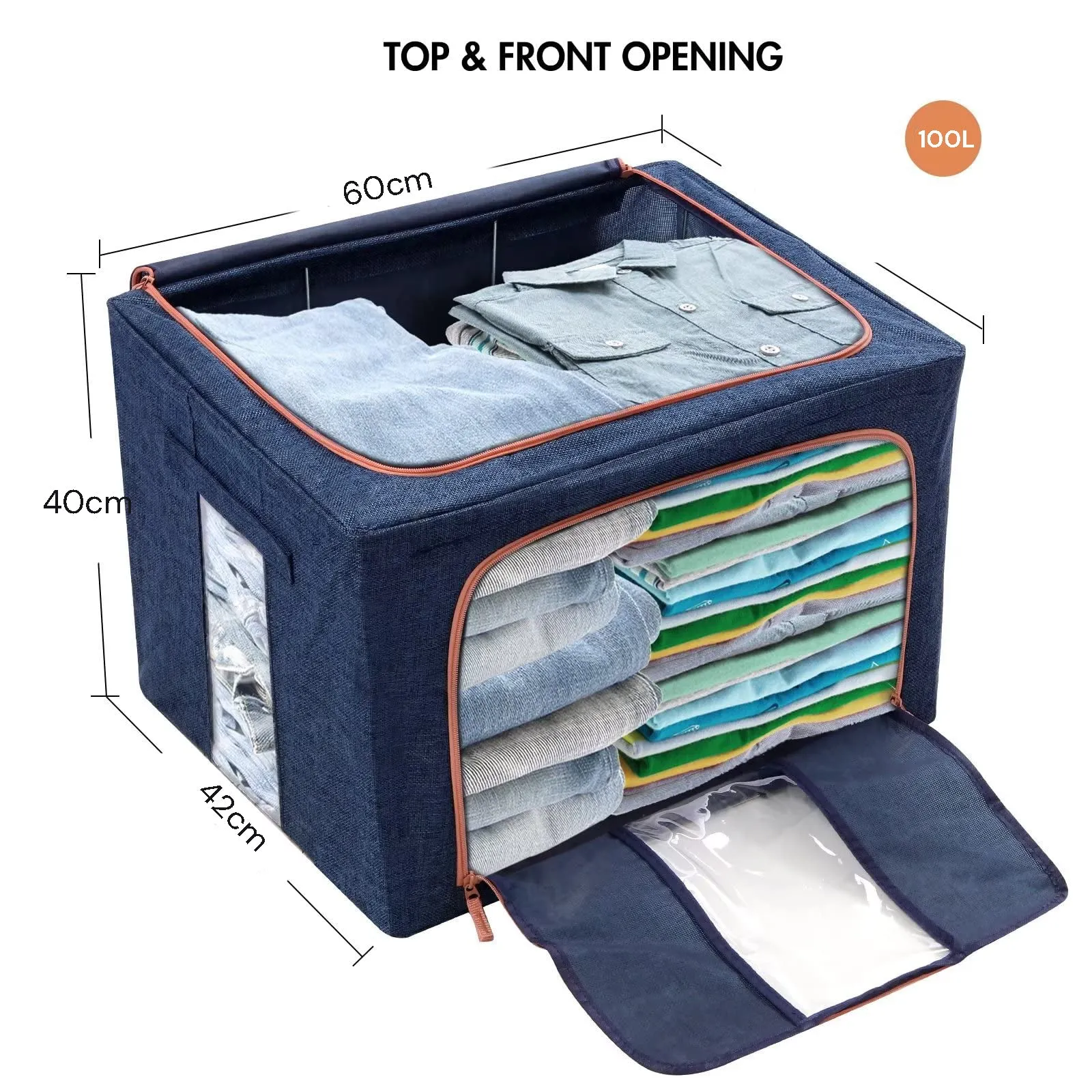 100L Linen Closet Storage Box with Metal Frame, Grey/Blue