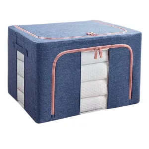 100L Linen Closet Storage Box with Metal Frame, Grey/Blue