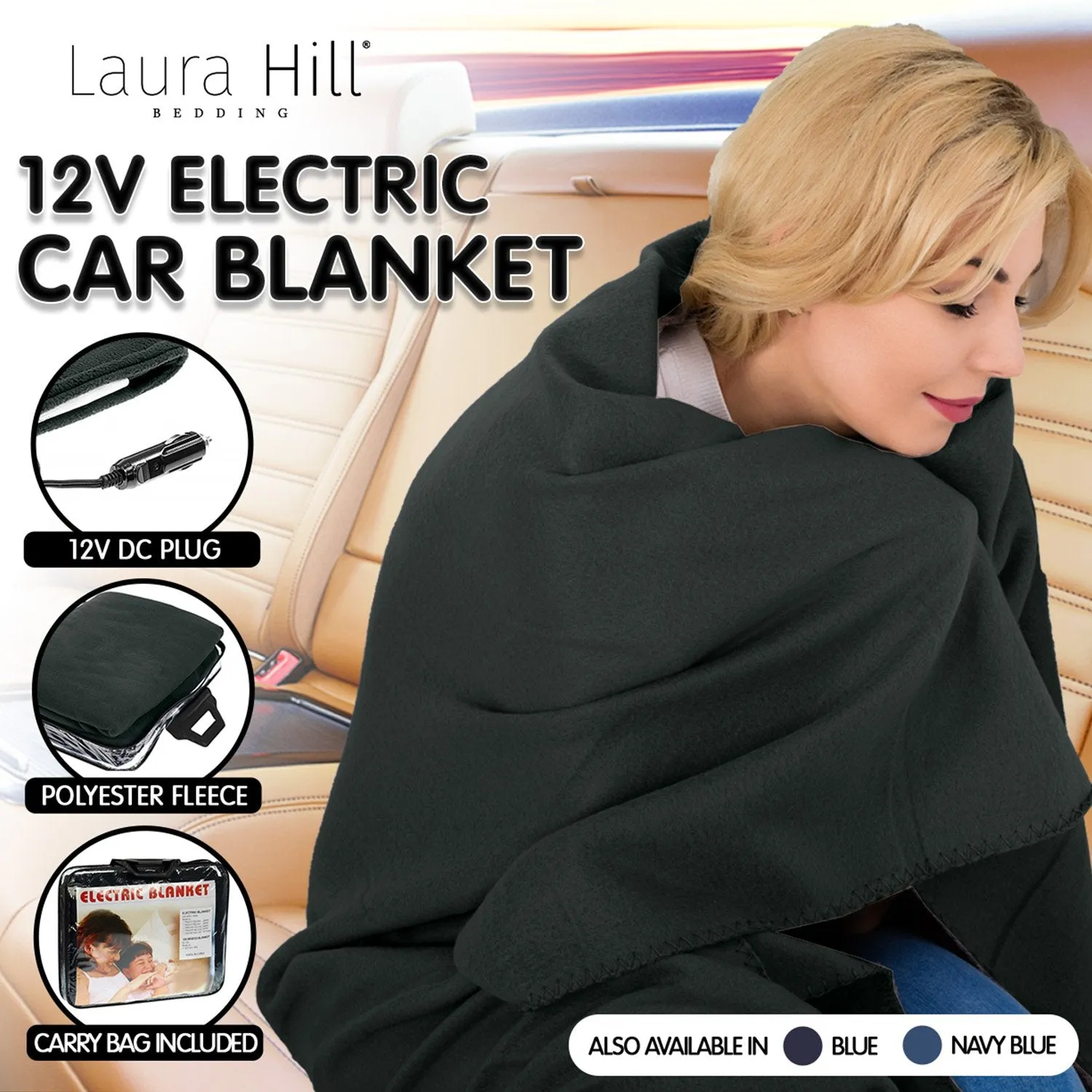 12V Heated Car Blanket, Polyester Fleece, 150x110cm - Laura Hill