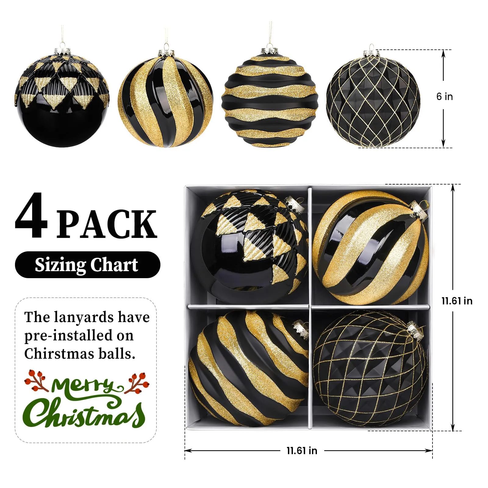 4Pcs 6''/150mm Black&Gold Large Christmas Ball Ornaments with Hooks