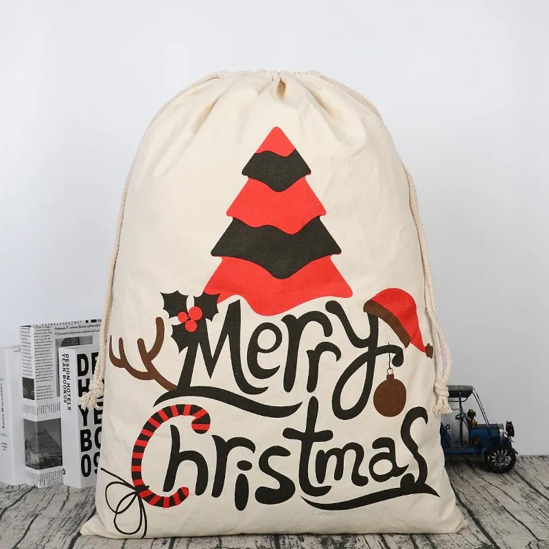 50x70cm Canvas Hessian Christmas Santa Sack Xmas Stocking Reindeer Kids Gift Bag, Cream - Christmas Tree