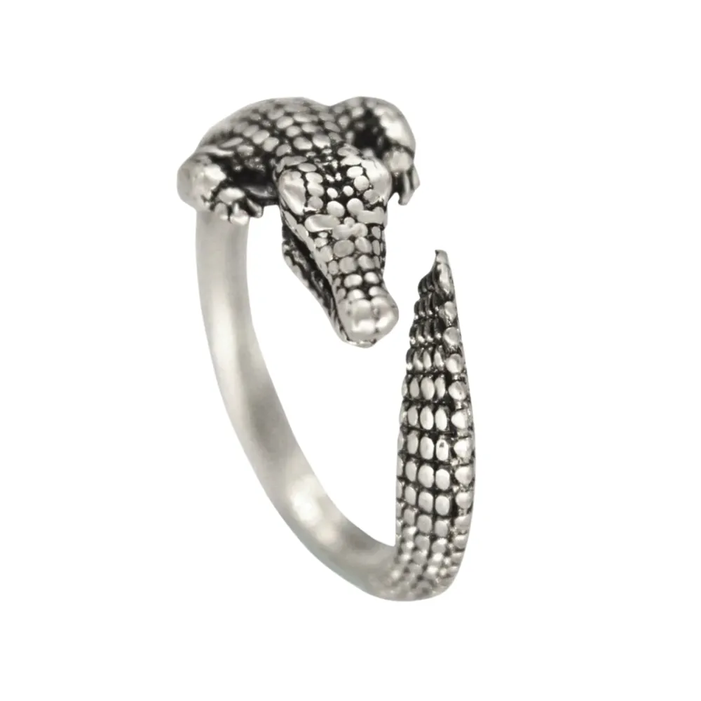 Adorable Silver Gator Growl Adjustable Textured Ring