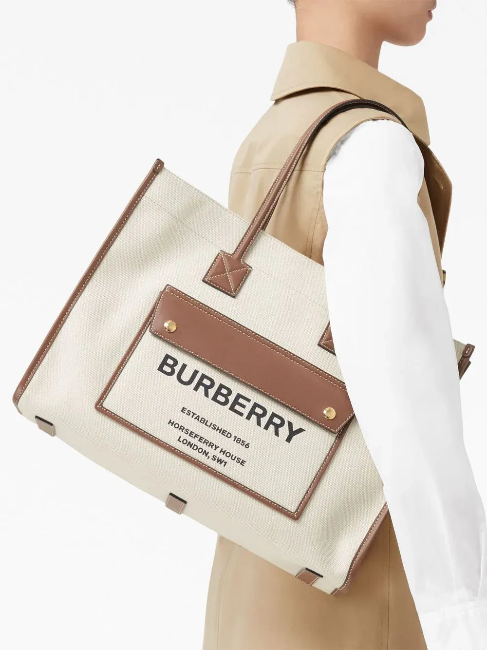 BURBERRY - Women Medium Two-Tone Canvas & Leather Freya Bag