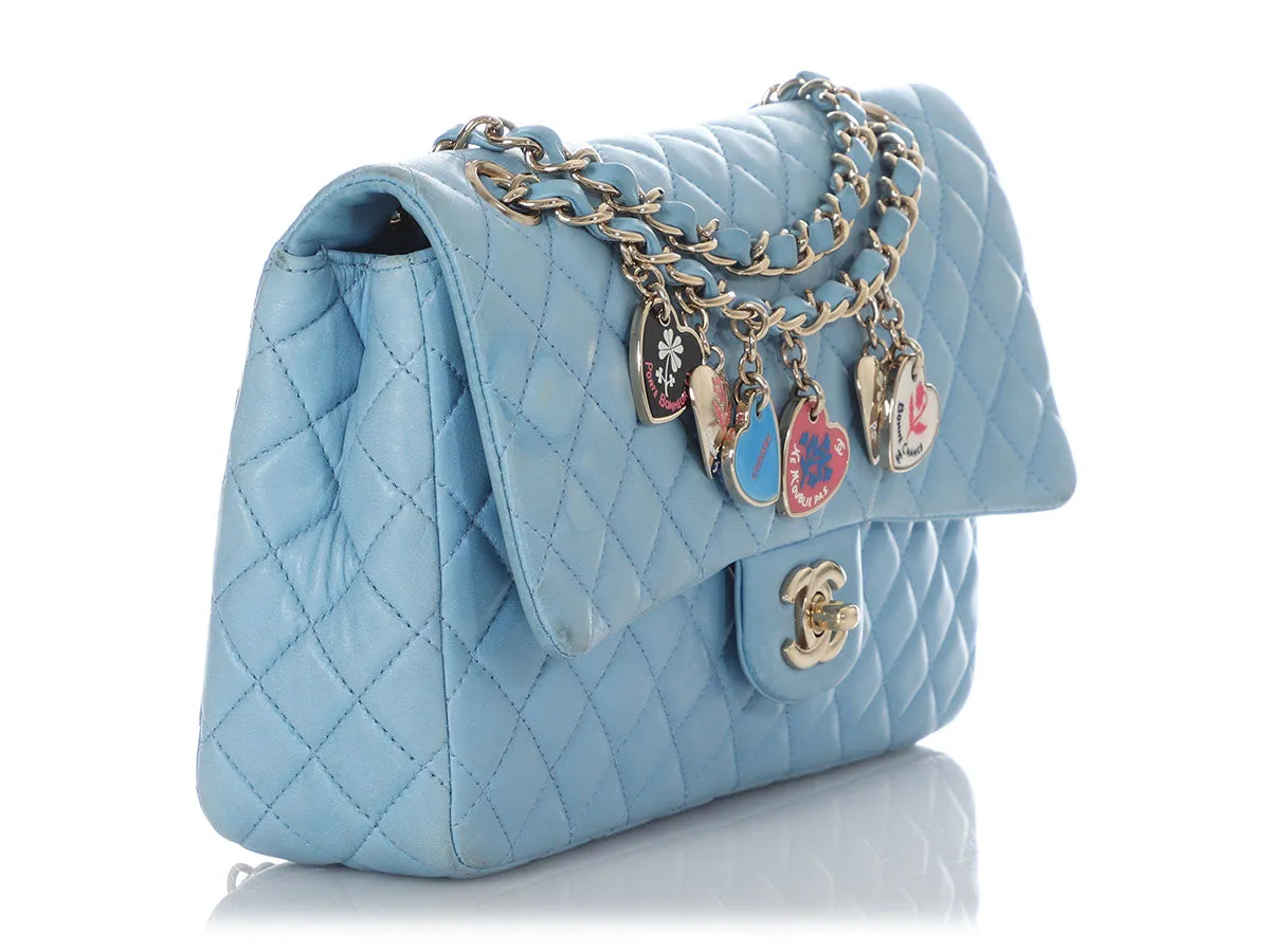 Chanel Medium Blue Quilted Lambskin Valentine Heart Charms Bag