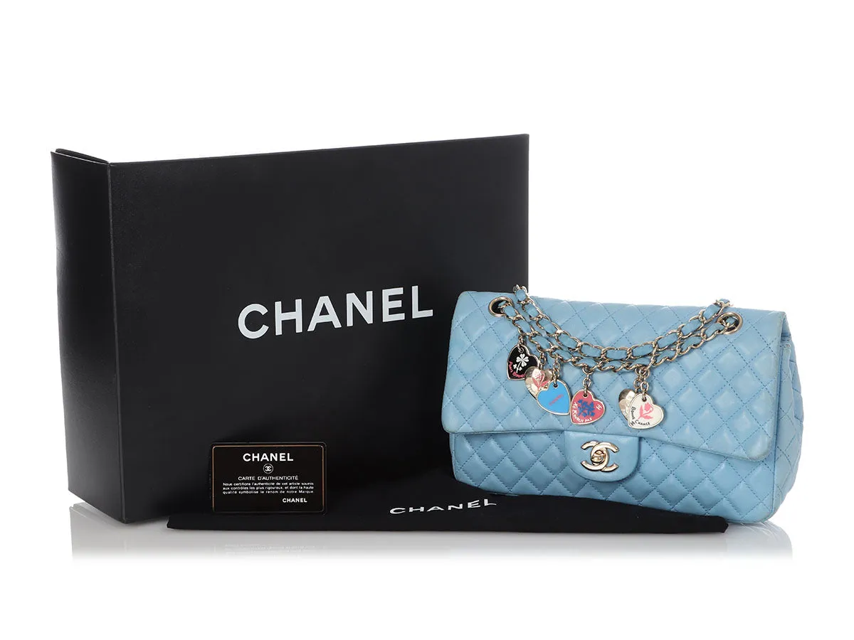 Chanel Medium Blue Quilted Lambskin Valentine Heart Charms Bag