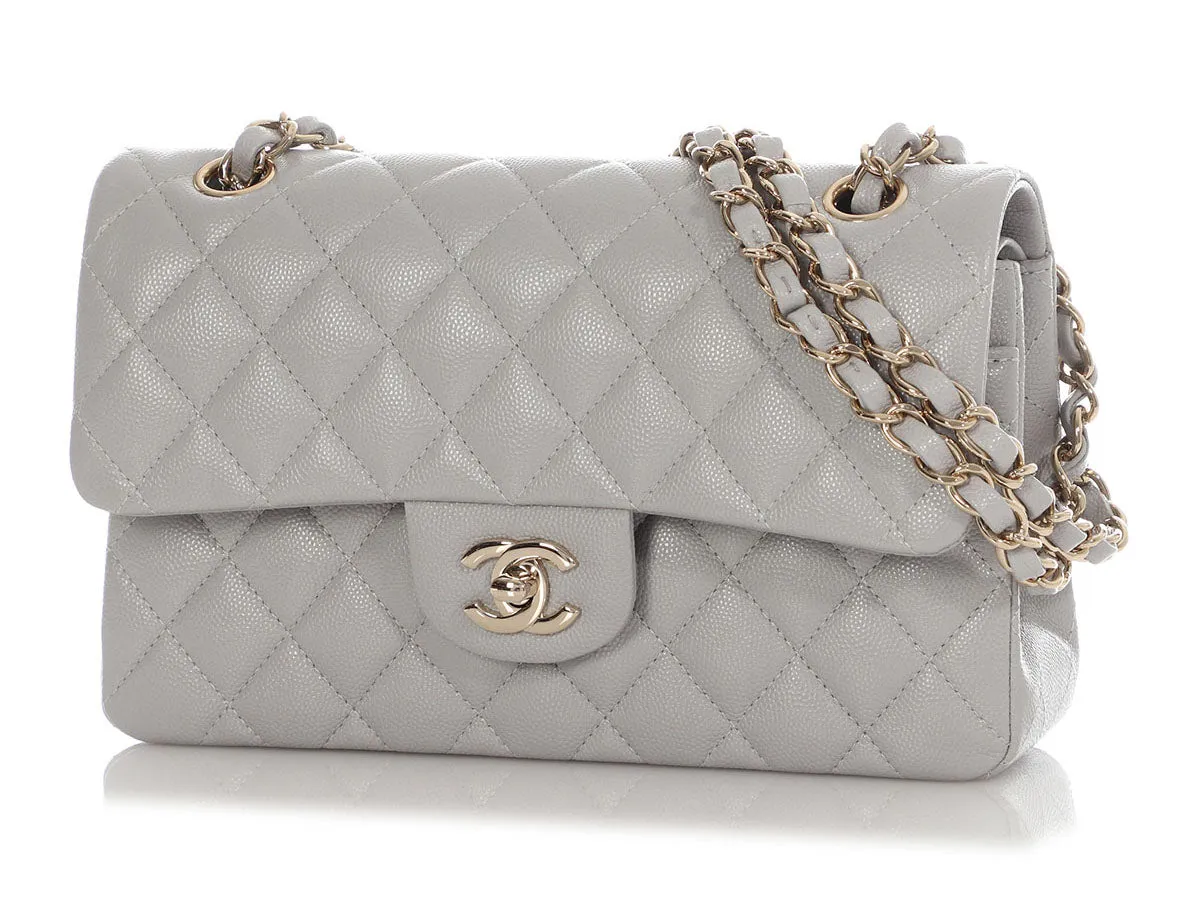 Chanel Small Light Gray Quilted Caviar Classic Double Flap