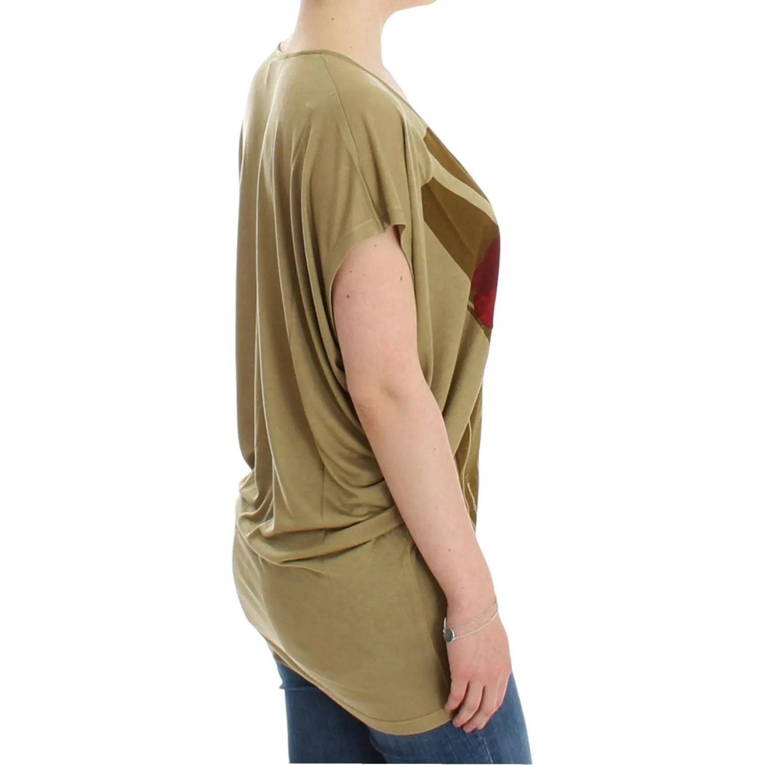 Costume National Chic Green Multicolor Print V-Neck Tee