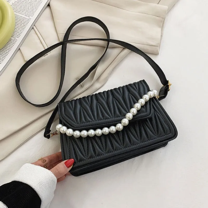 deanwangkt BACK TO COLLEGE    Pearl Chain Strap Handbags For Women Designer Pu Leather Shoulder Bag Plaid Simple Female Crossbody Bag Small Square Bag