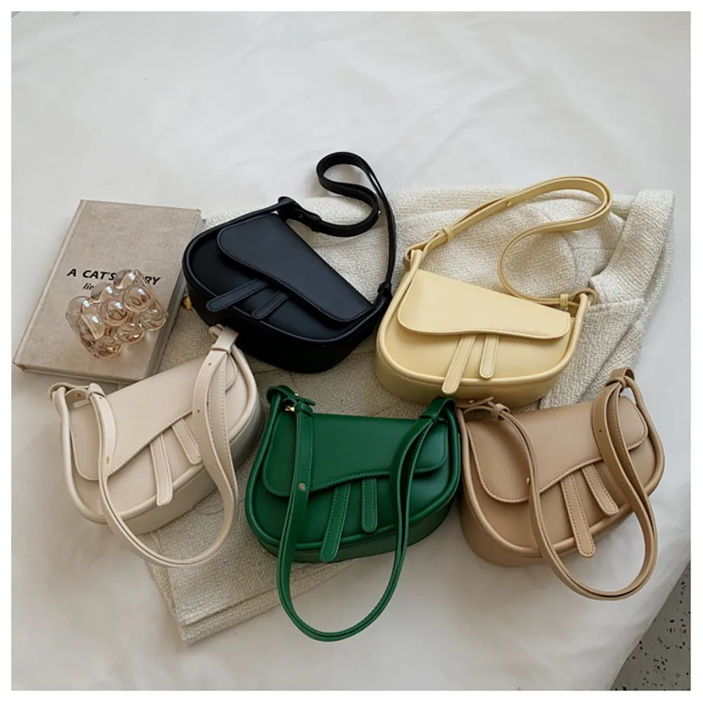 deanwangkt Fashion Leather Saddle Bag Woman Flap Handbag New Shoulder Bags Solid Color  High Quality Luxury Small Purses All-Match