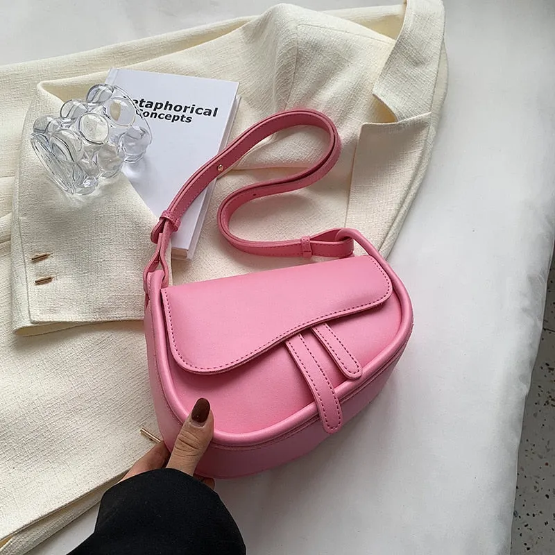 deanwangkt Fashion Leather Saddle Bag Woman Flap Handbag New Shoulder Bags Solid Color  High Quality Luxury Small Purses All-Match