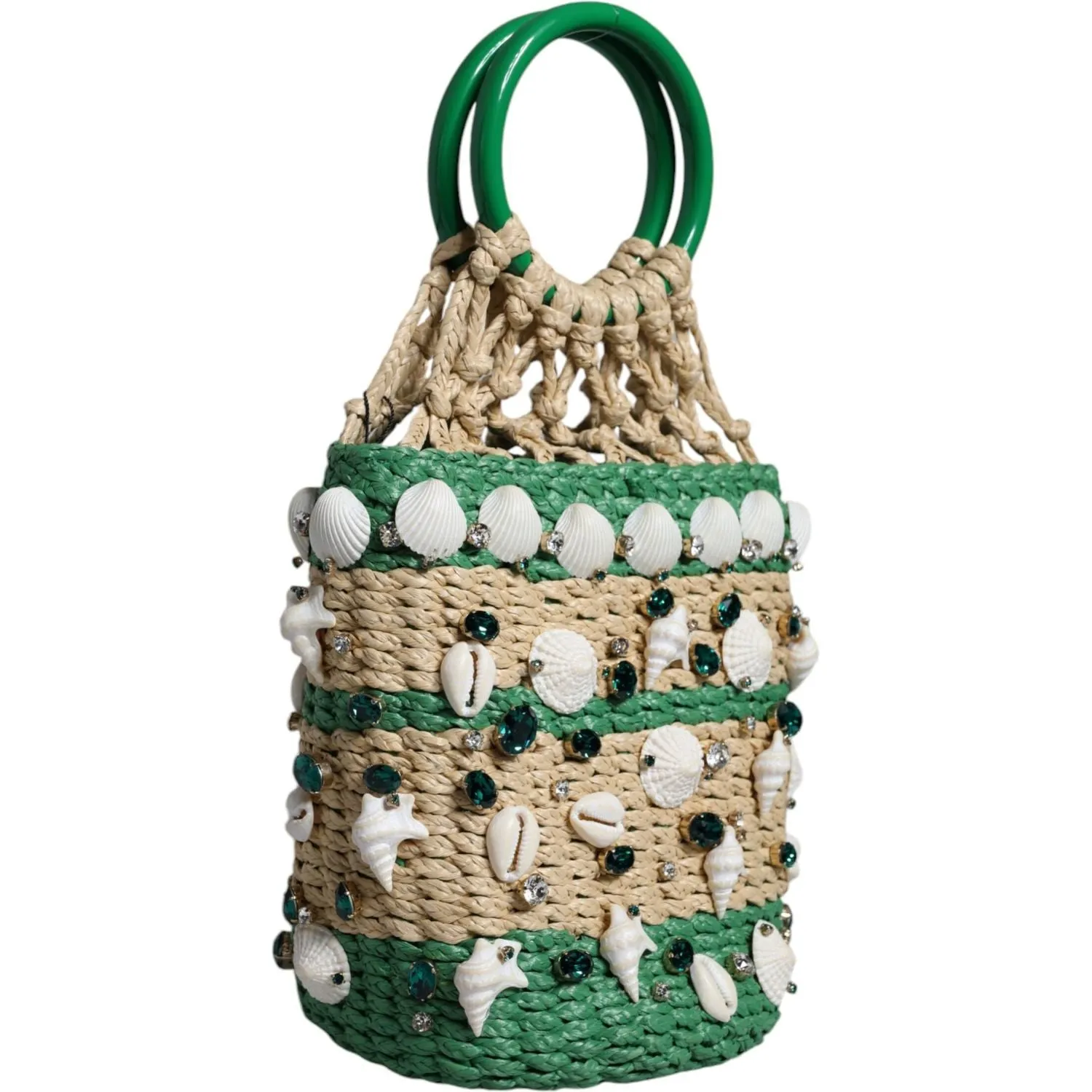 Dolce & Gabbana Beige Green Rafia Seashells Crystal Bucket Bag