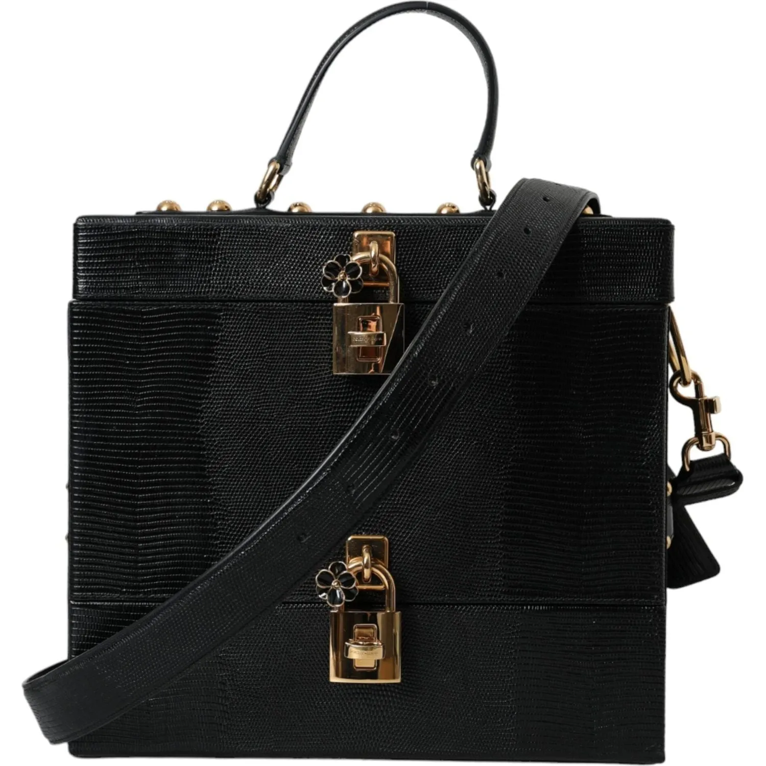 Dolce & Gabbana Black Lizard Embossed Calfskin Leather Double Box Bag