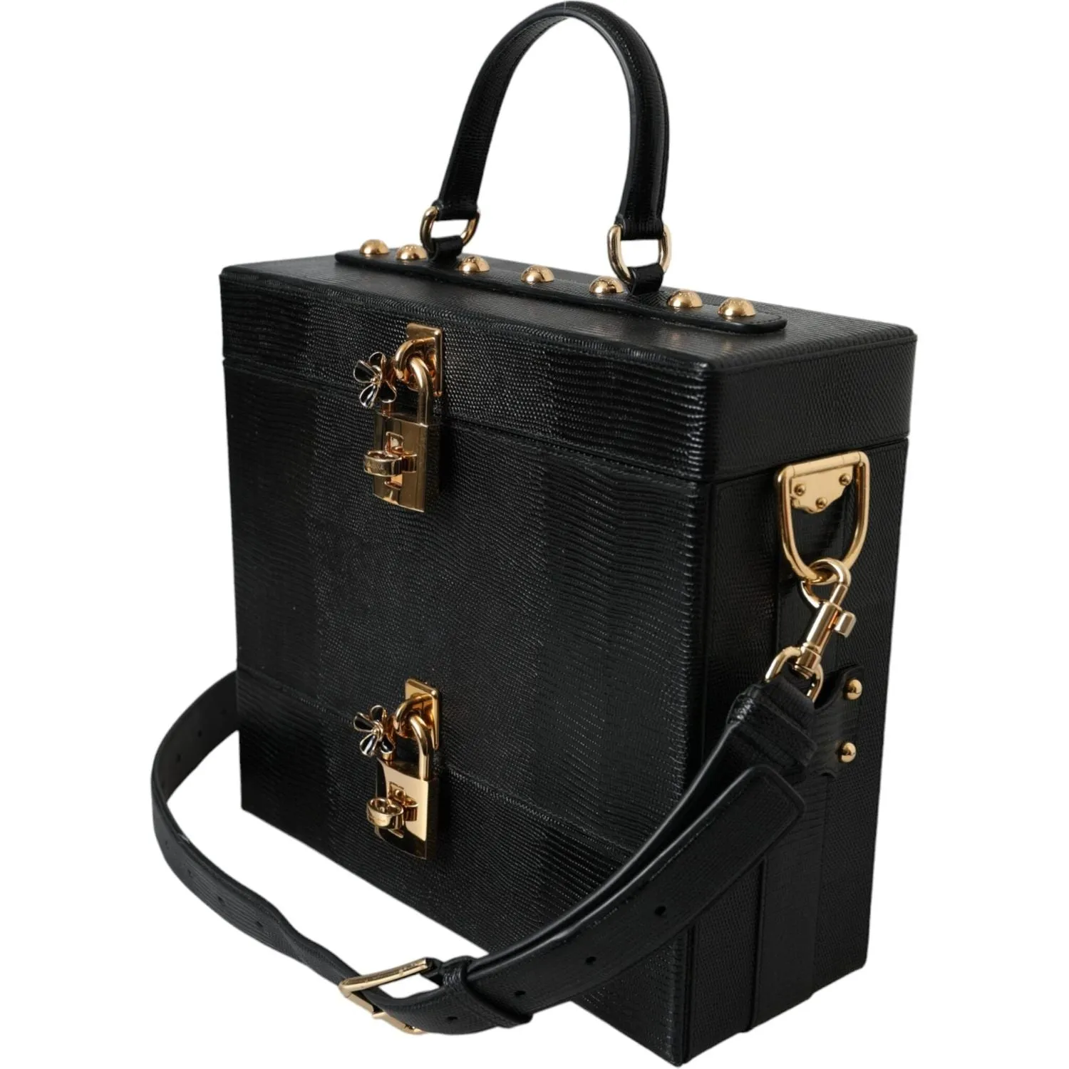 Dolce & Gabbana Black Lizard Embossed Calfskin Leather Double Box Bag