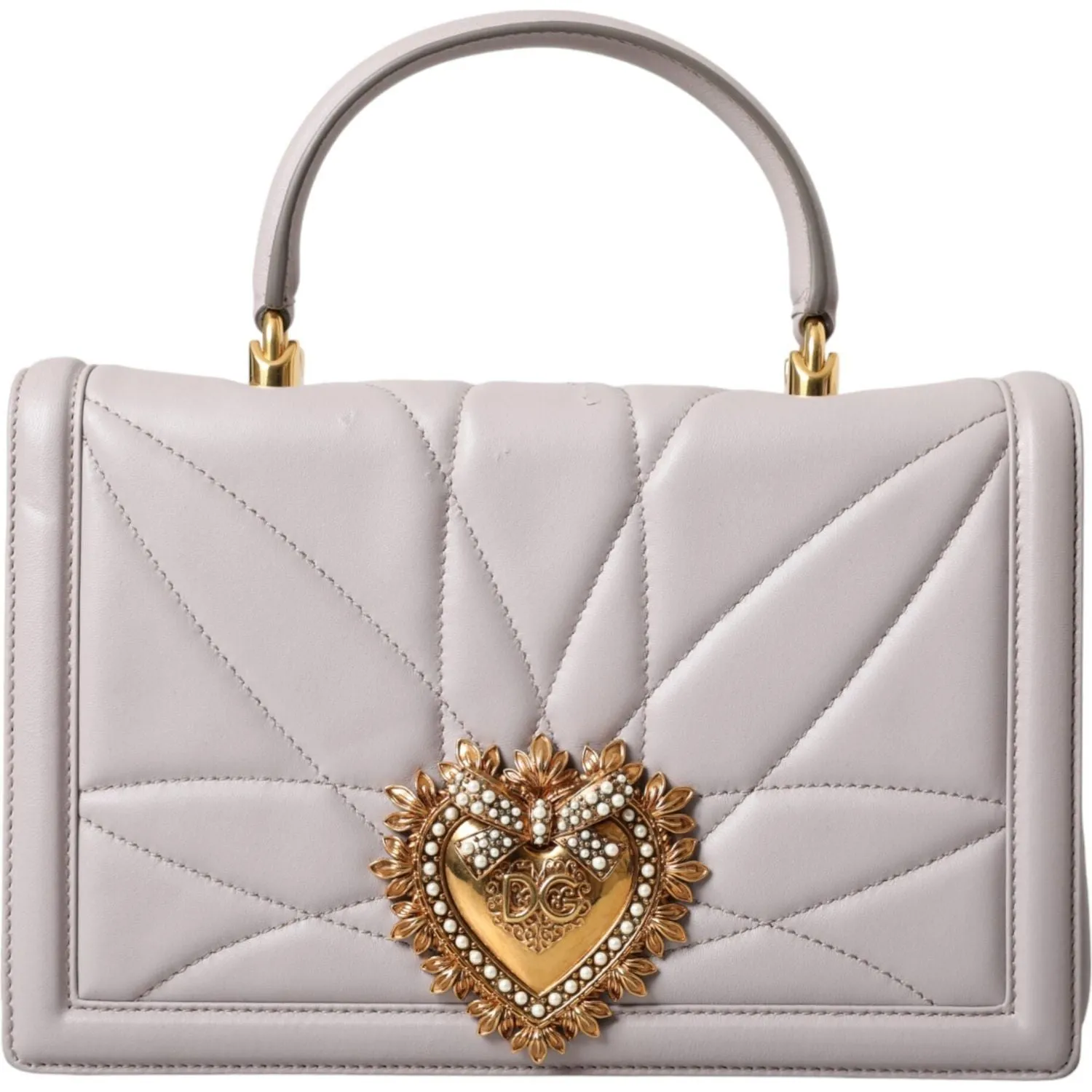 Dolce & Gabbana Light Gray Devotion Gold Heart Leather Shoulder Bag