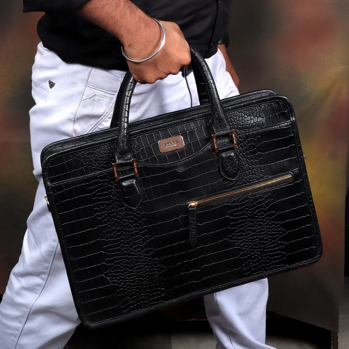 Efficient Laptop Briefcase Black Croco Leather Bag for Work and Travel by Brune & Bareskin