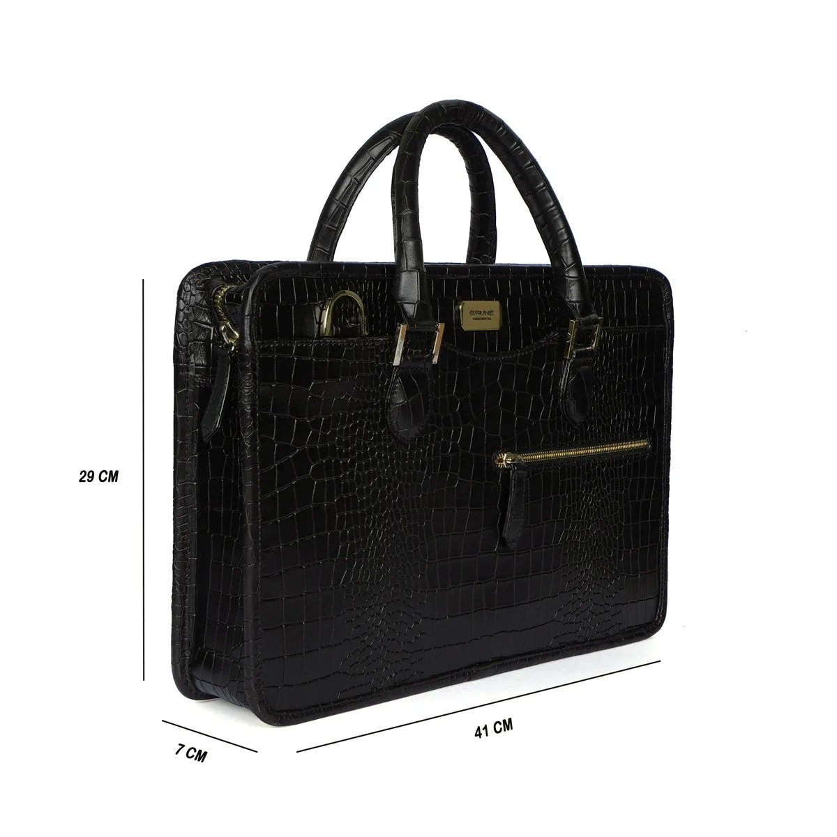 Efficient Laptop Briefcase Black Croco Leather Bag for Work and Travel by Brune & Bareskin