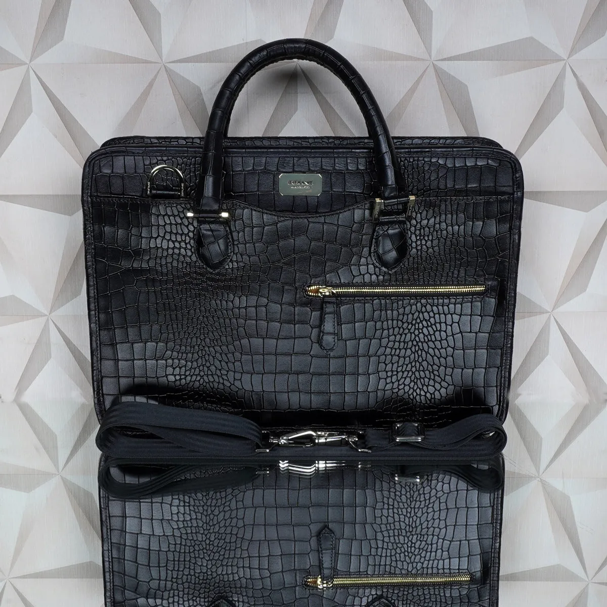 Efficient Laptop Briefcase Black Croco Leather Bag for Work and Travel by Brune & Bareskin