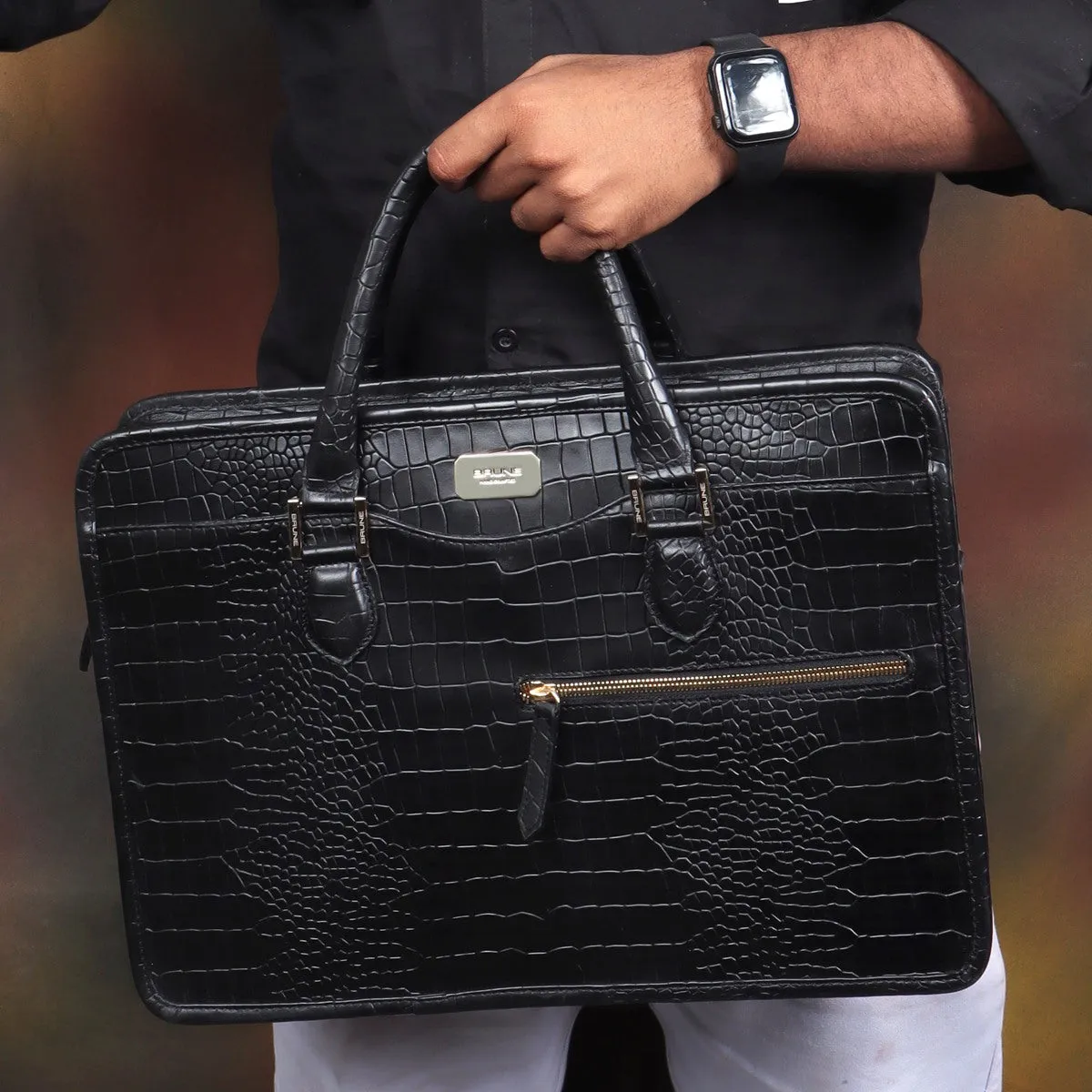 Efficient Laptop Briefcase Black Croco Leather Bag for Work and Travel by Brune & Bareskin