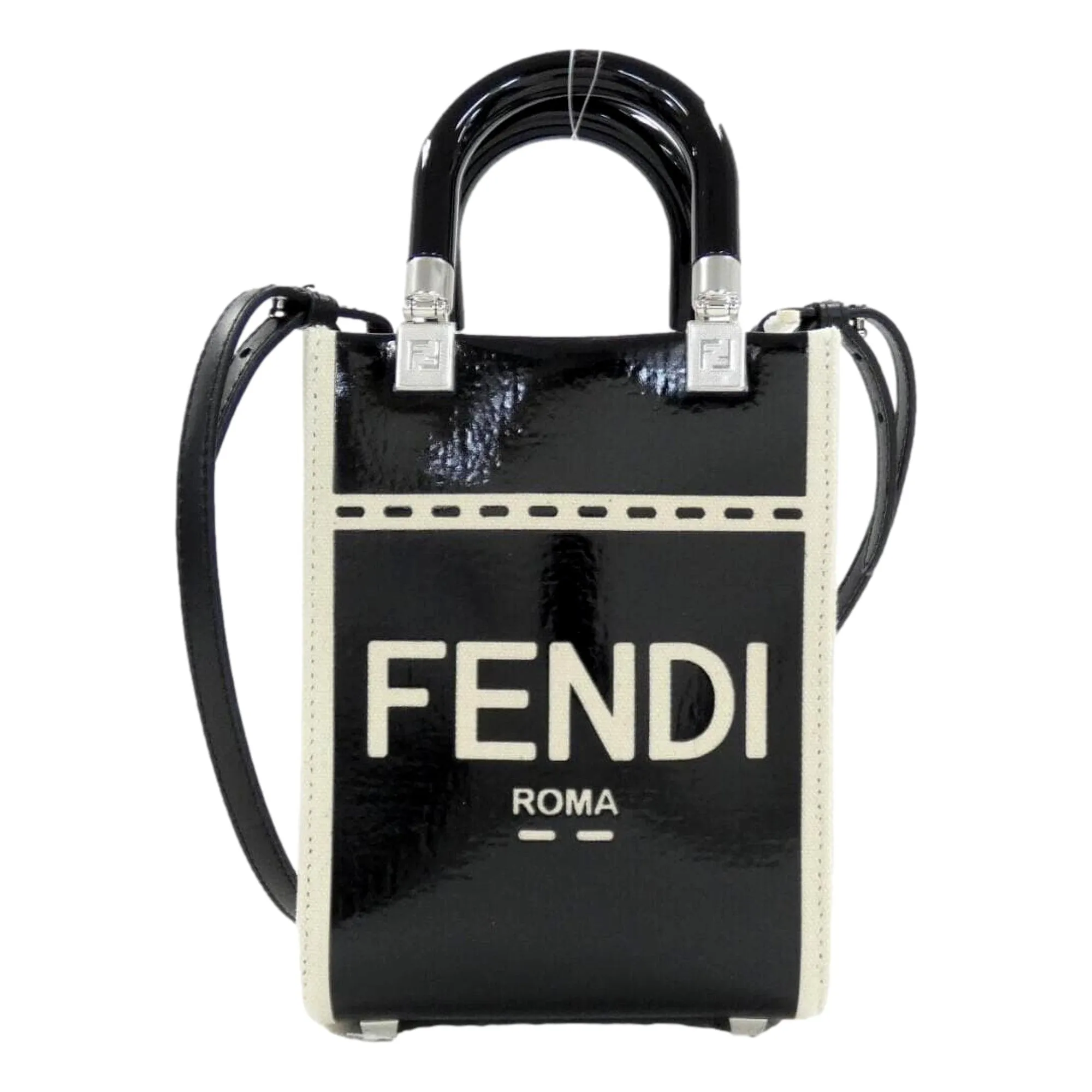 FENDI FF Mini Bag Shopper Tote Crossbody Bag Leather and Canvas Black