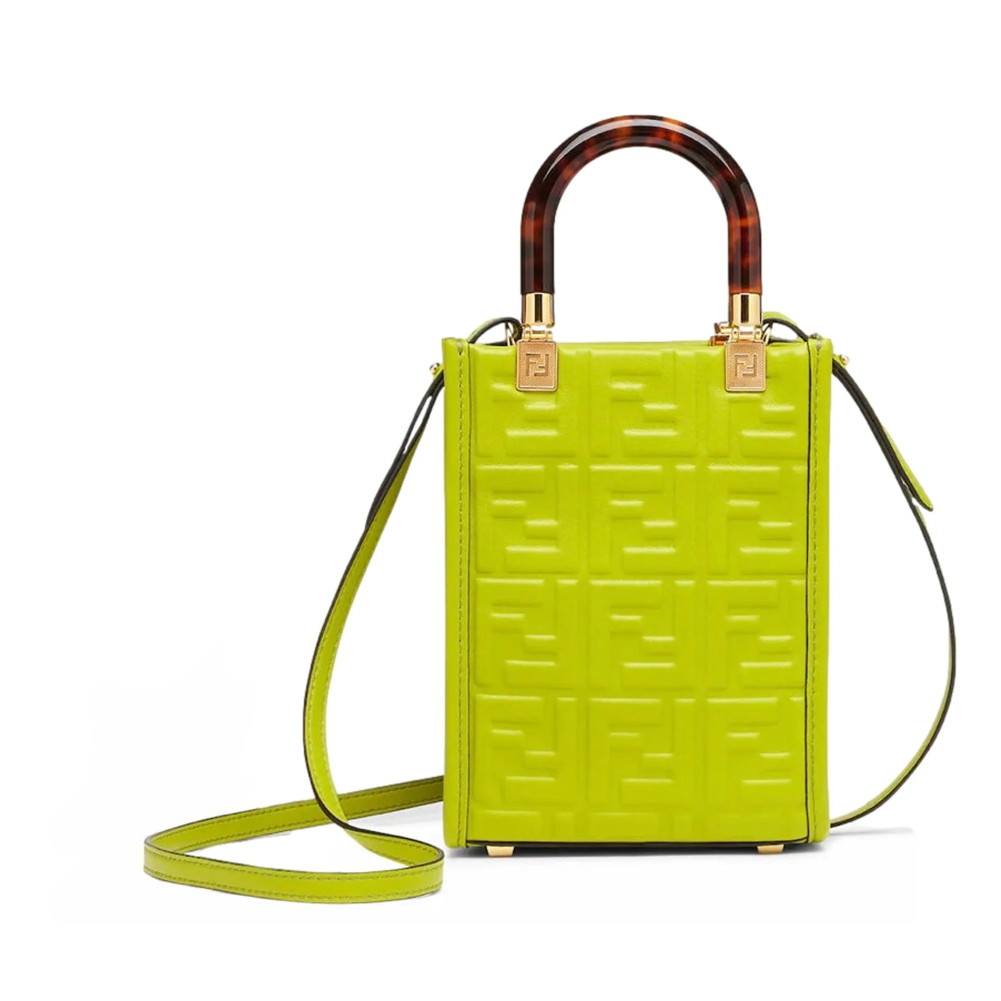 Fendi FF Zucca Mini Sunshine Shopper Tote Crossbody Bag Green Leather