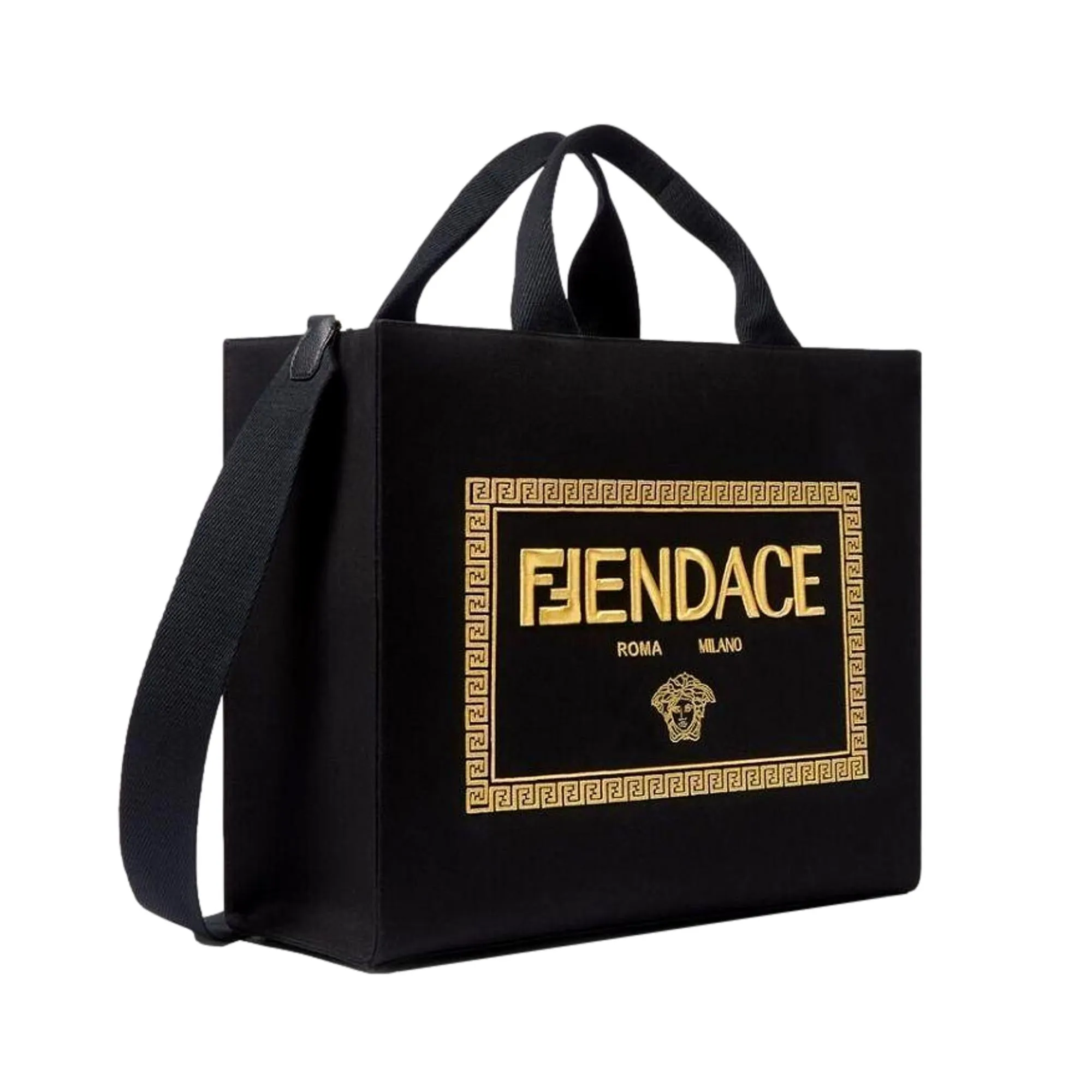 Fendi x Versace Fendace Black Canvas Convertible Large Shopping Tote