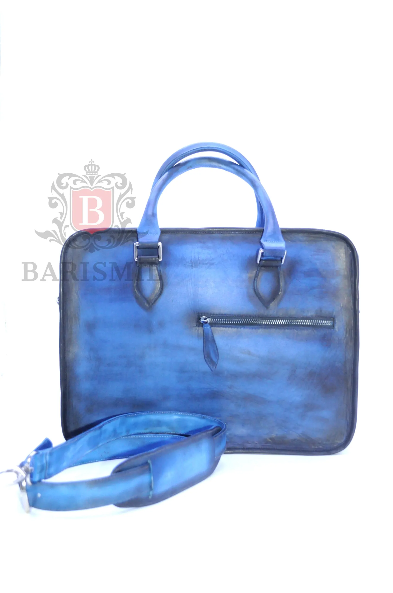 Full Grain Leather Briefcase - Blue Patina