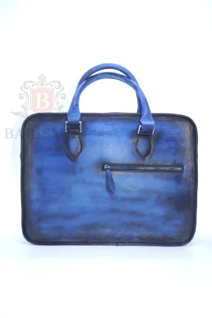 Full Grain Leather Briefcase - Blue Patina