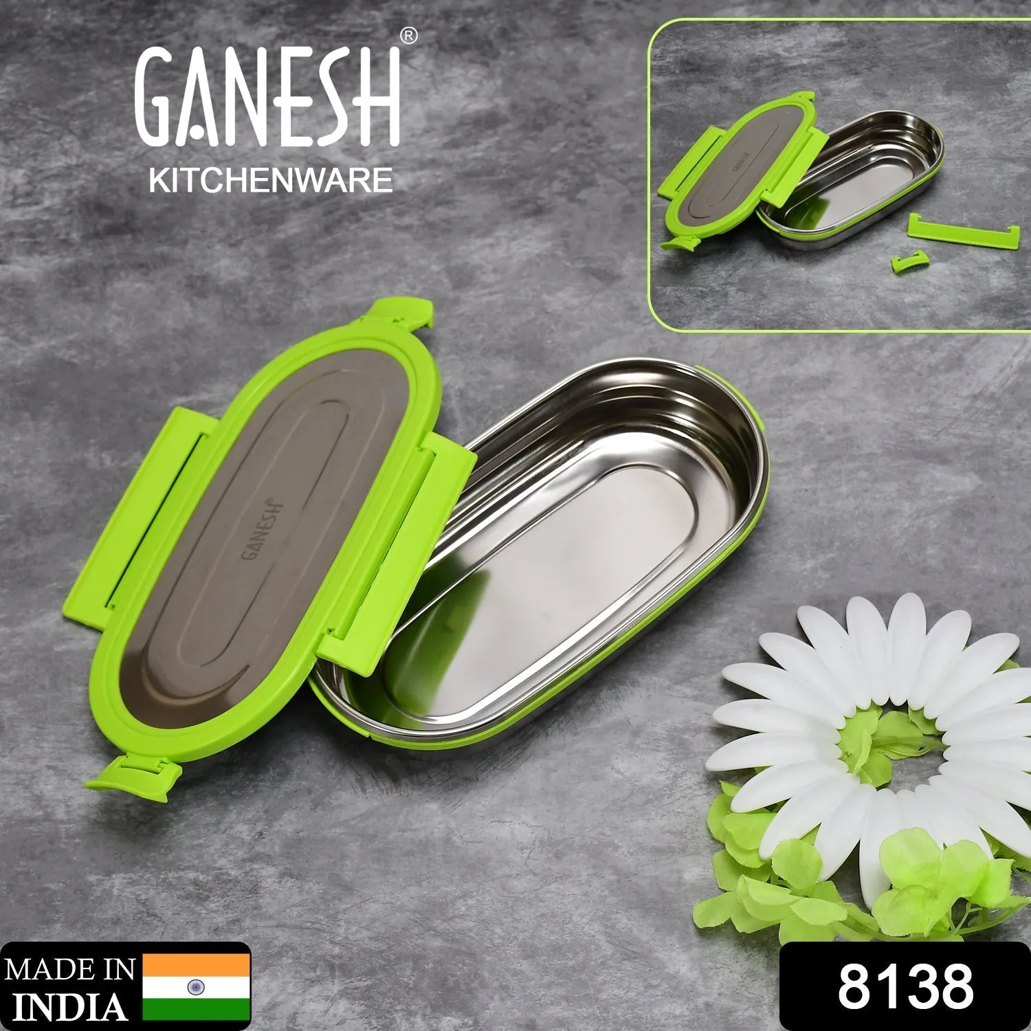 Ganesh Solo Oval 650 Stainless Steel Leak proof airtight Lunch Pack for Office & School Use