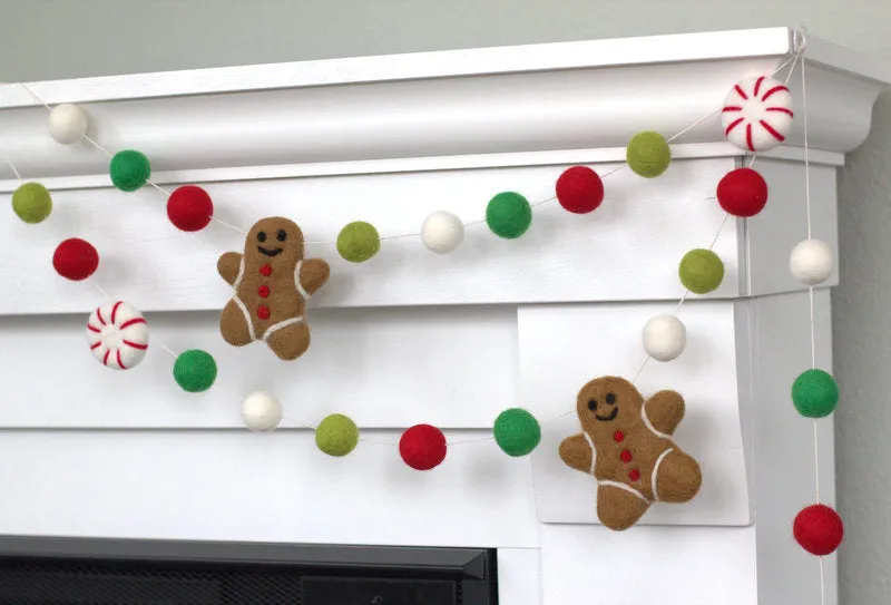 Gingerbread & Peppermint Christmas Felt Garland- Red & Green