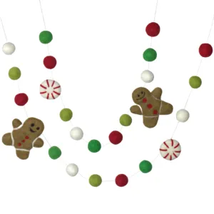 Gingerbread & Peppermint Christmas Felt Garland- Red & Green