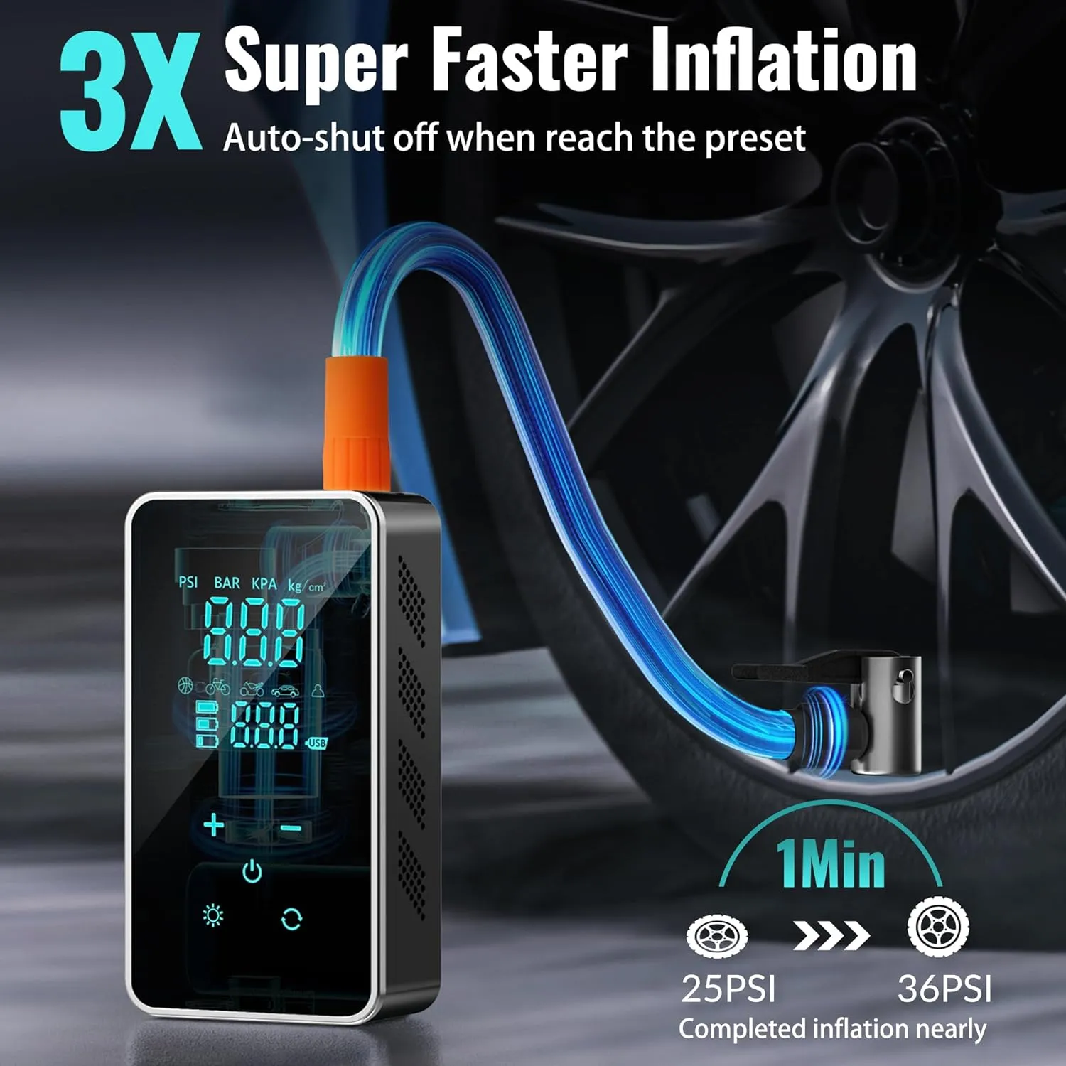 Portable 18000mAh Air Compressor – 150 PSI Tire Pump with Touch Screen for Car, Bike, and More