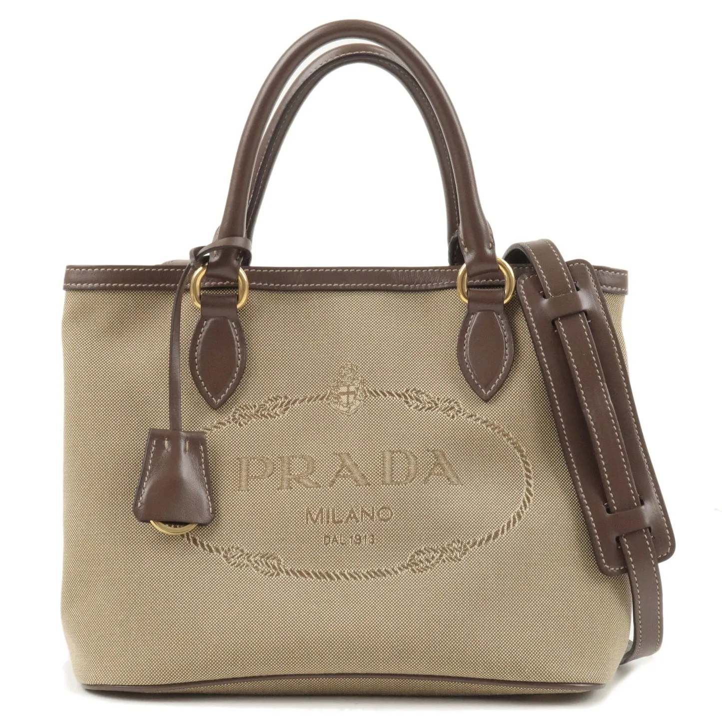 Prada Logo Jacquard Beige Canvas Leather Trim Crossbody Satchel Bag