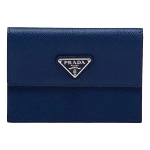 Prada Triangle Logo Card Holder Saffiano Wallet Bluette Blue