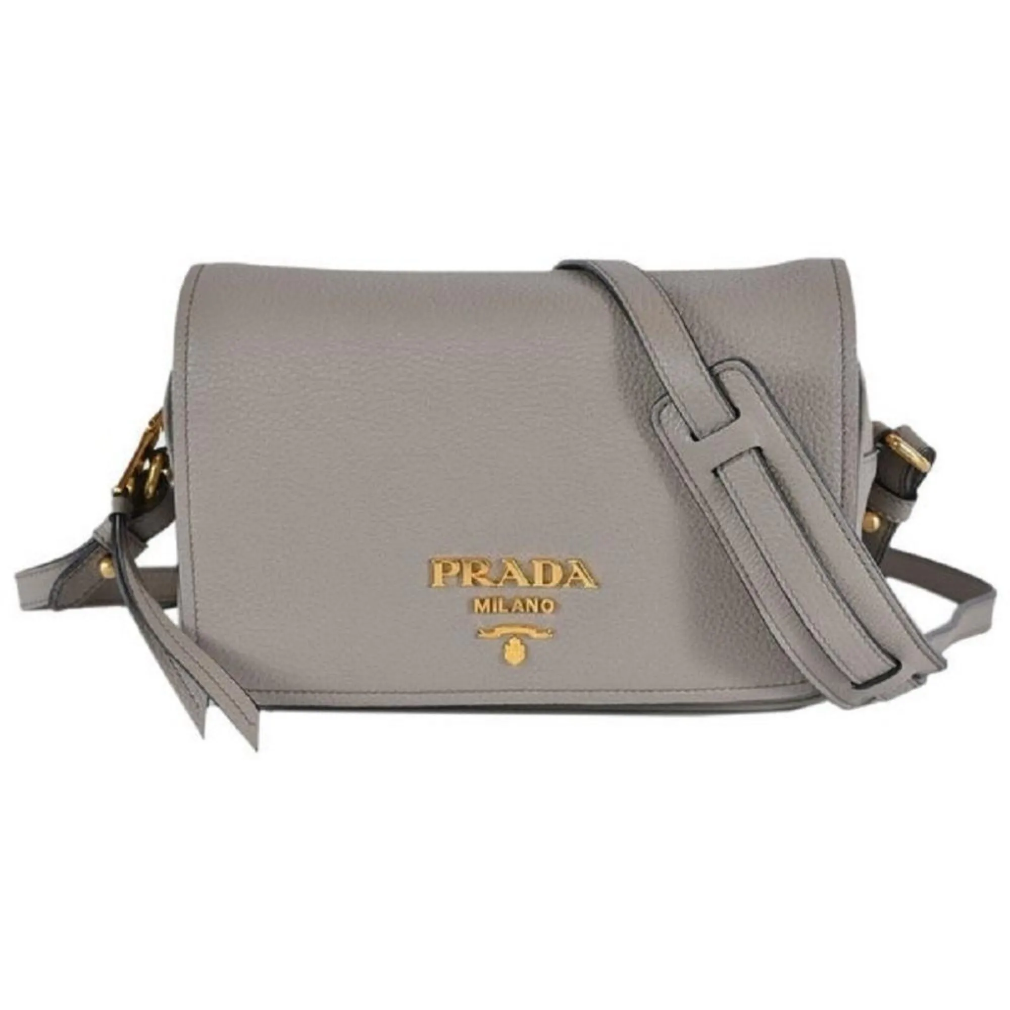 Prada Vitello Phenix Argilla Grey Leather Flap Crossbody Bag