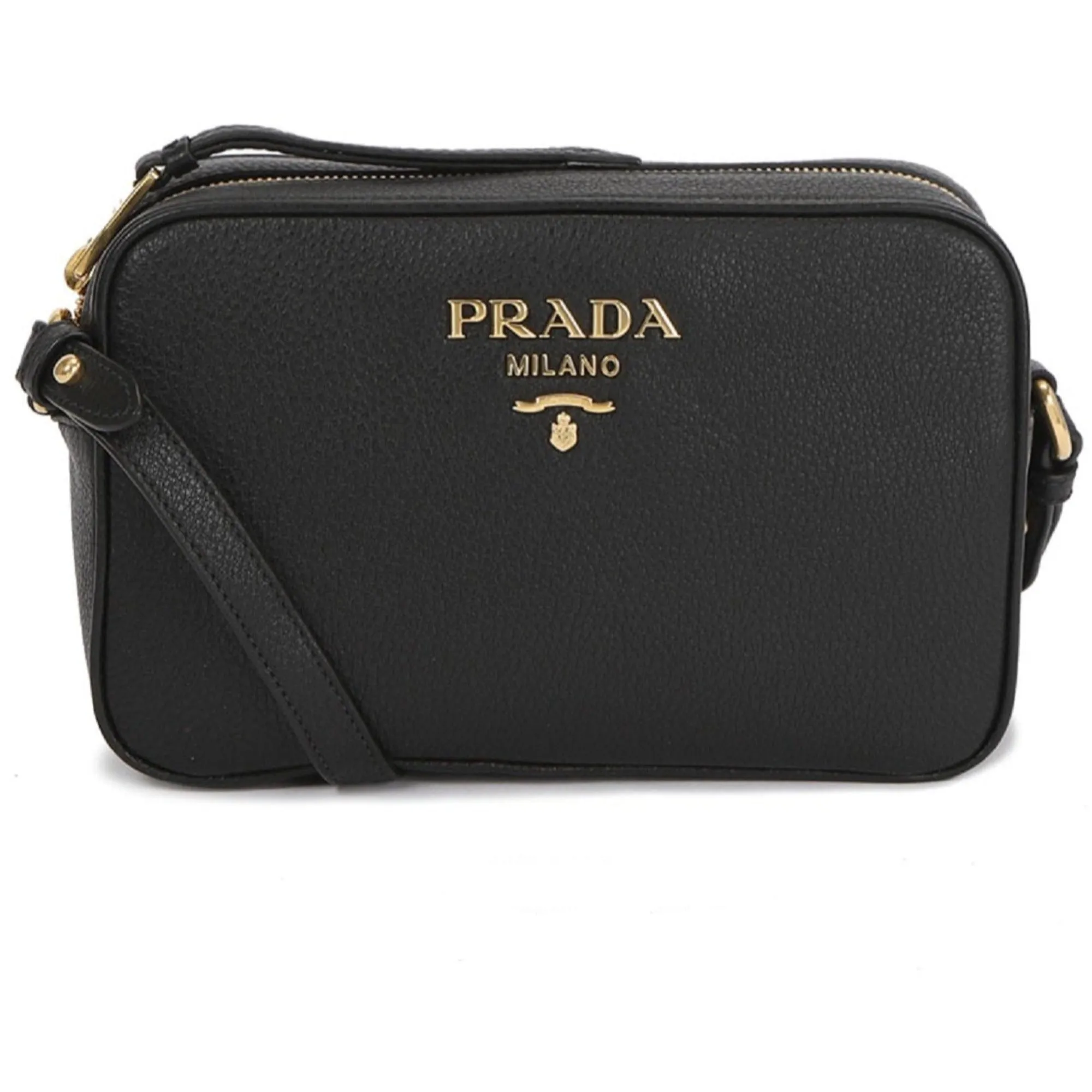 Prada Vitello Phenix Black Leather Gold Logo Camera Crossbody Bag