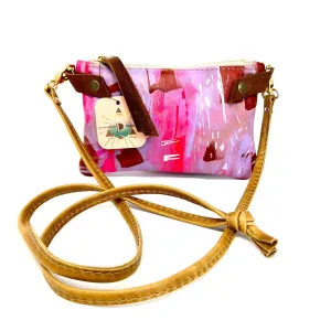 Small Leather Shoulder Bag Crossbody Purse For Women - Hand Painted in Colors of Purple Fuchsia & Saddle Brown - One Of A Kind