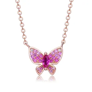 Sterling Silver 18k Rose Gold Plated with Ruby & Cubic Zirconia Pave Butterfly Pendant Layering Necklace