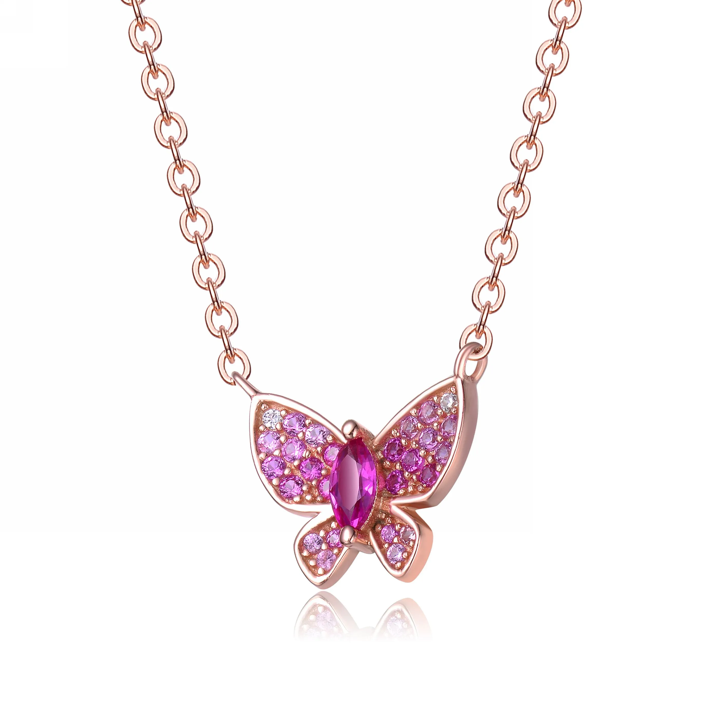 Sterling Silver 18k Rose Gold Plated with Ruby & Cubic Zirconia Pave Butterfly Pendant Layering Necklace